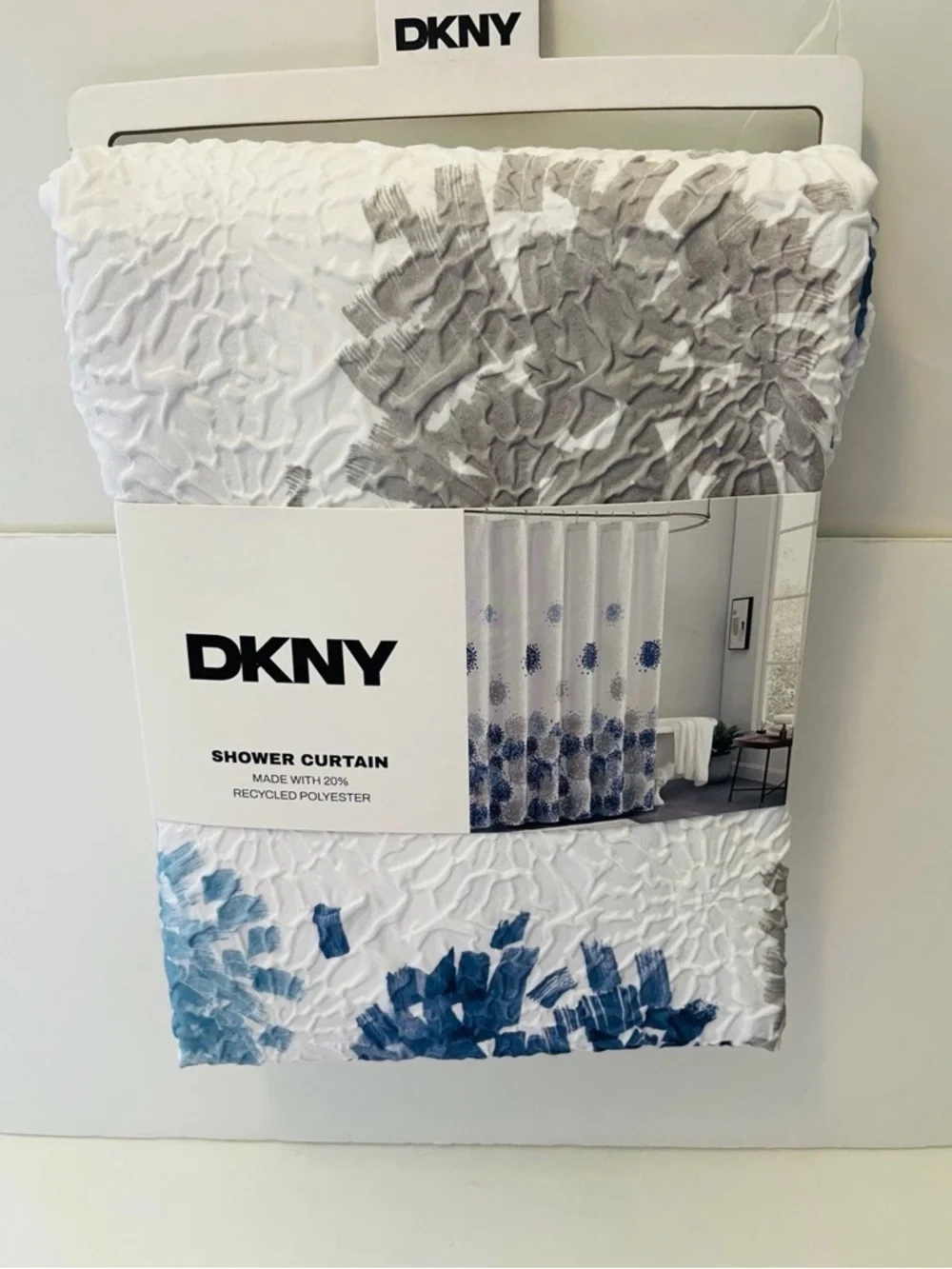DKNY Brushstroke Floral Microsculpt Shower Curtain White Blue Gray 72” x 72”